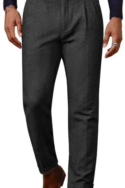 Herringbone Tweed Pleated Trousers